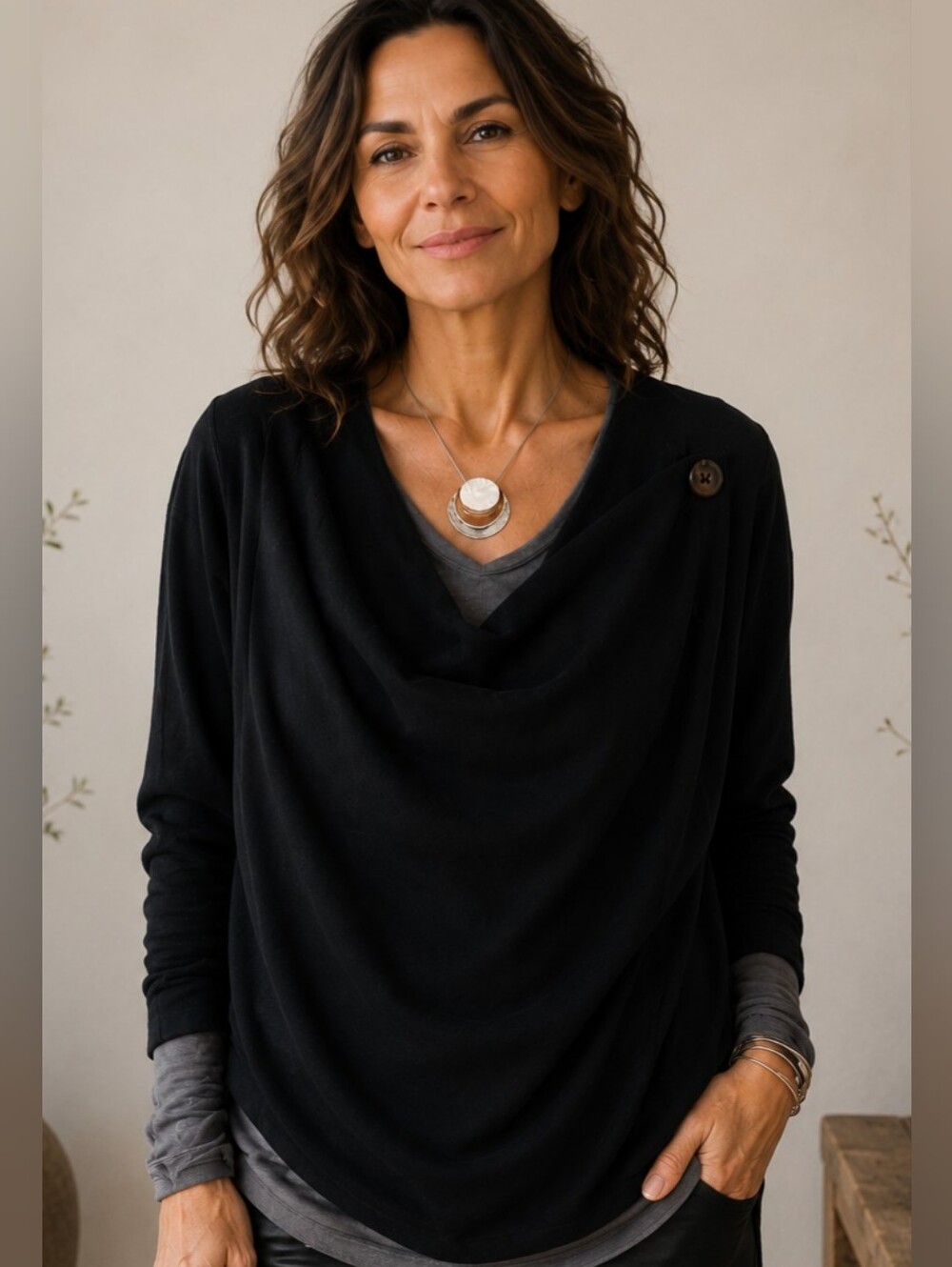 BLANKNYC Black Asymmetrical Draped Cowl Neck Single Button Jacket Linen Blend